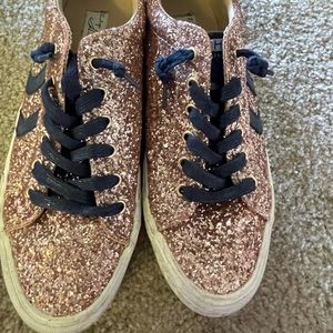 Rose gold sparkly sneakers, navy accents